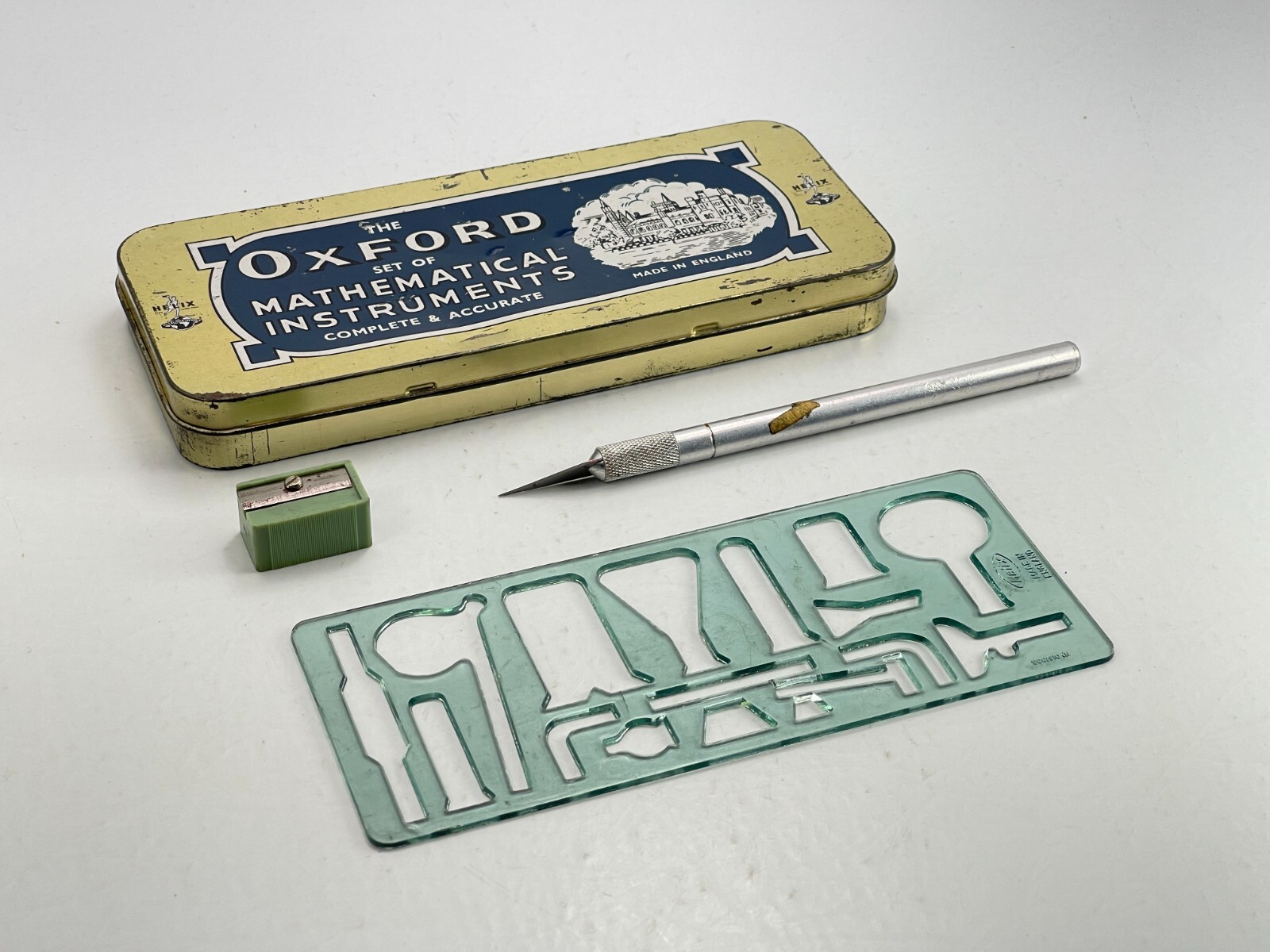 Vintage England Helix Oxford Set of Geometry Mathematics Instruments Set in Tin