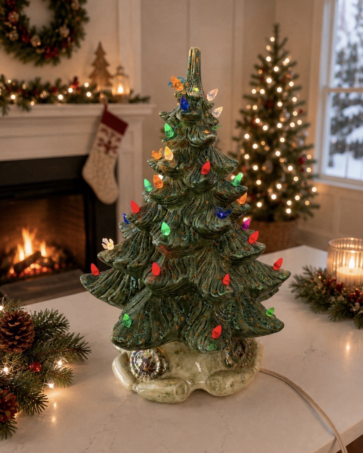 Vintage Atlantic Mold Ceramic Christmas Tree Large Lighted 2 Piece 16 Inch Tall