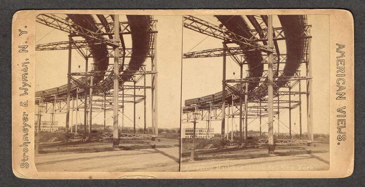 b371, American Views Stereoview, # -, Elevated Railroad & Train, 110 St, 1880s