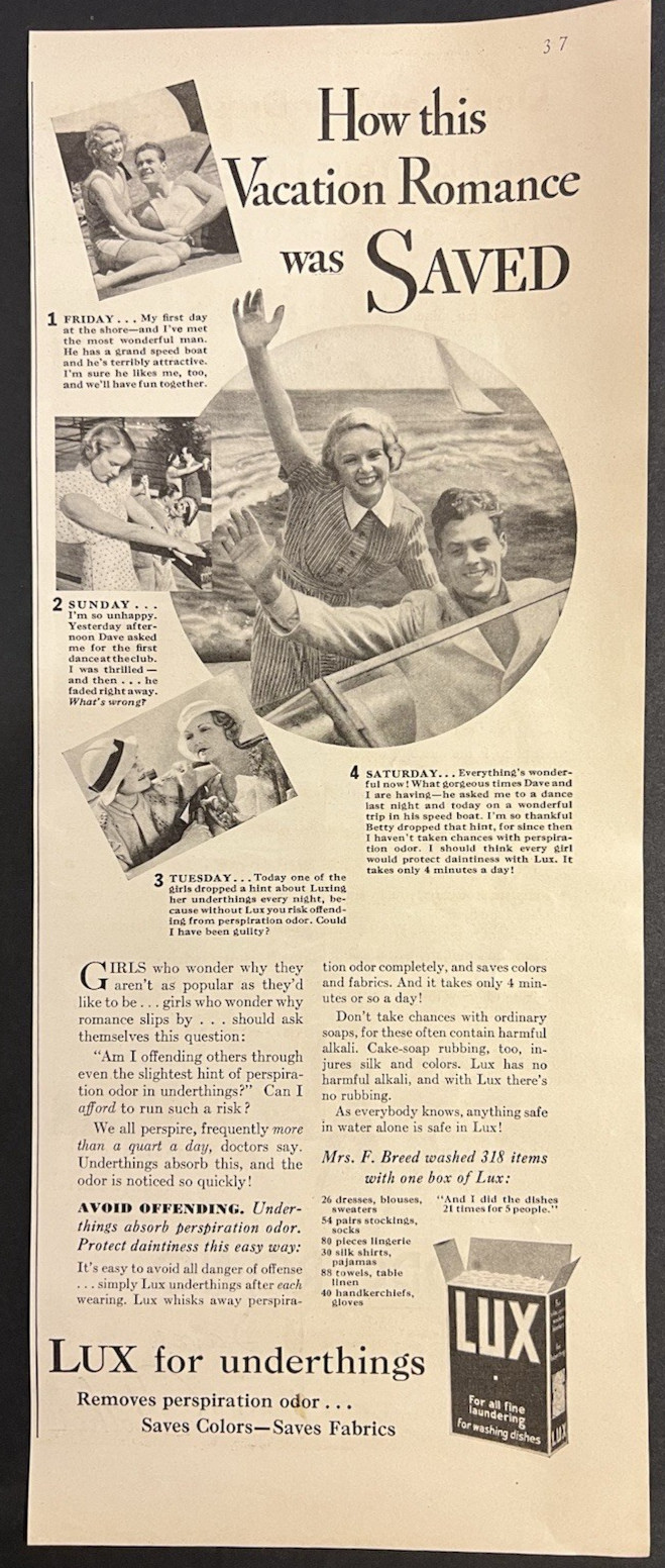 Vtg 1930s AD-LUX for Underthings-Removes Perspiration Odor-Vacation Romance Save
