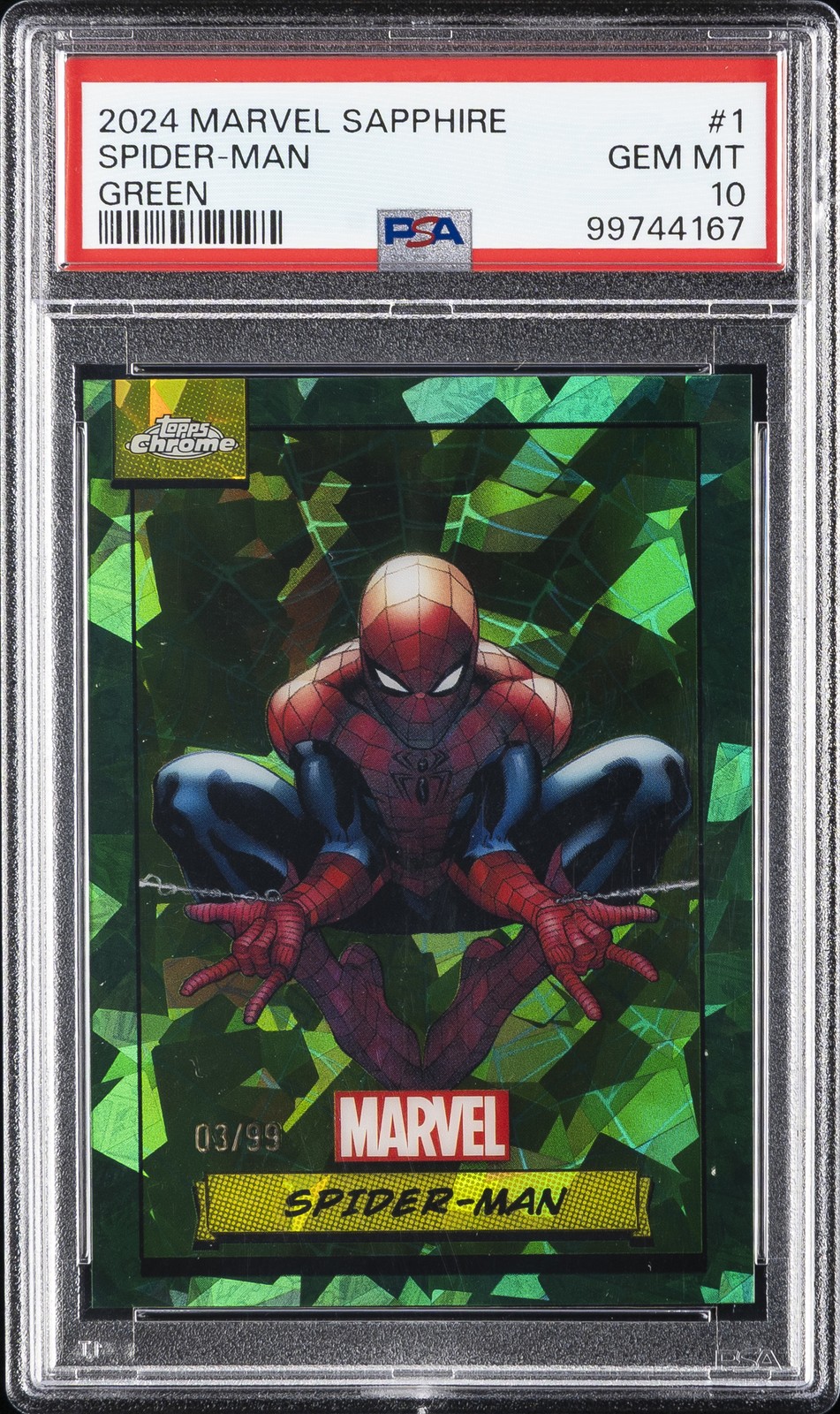 2024 TOPPS CHROME MARVEL SAPPHIRE EDITION GREEN #1 SPIDER-MAN 3/99 PSA 10