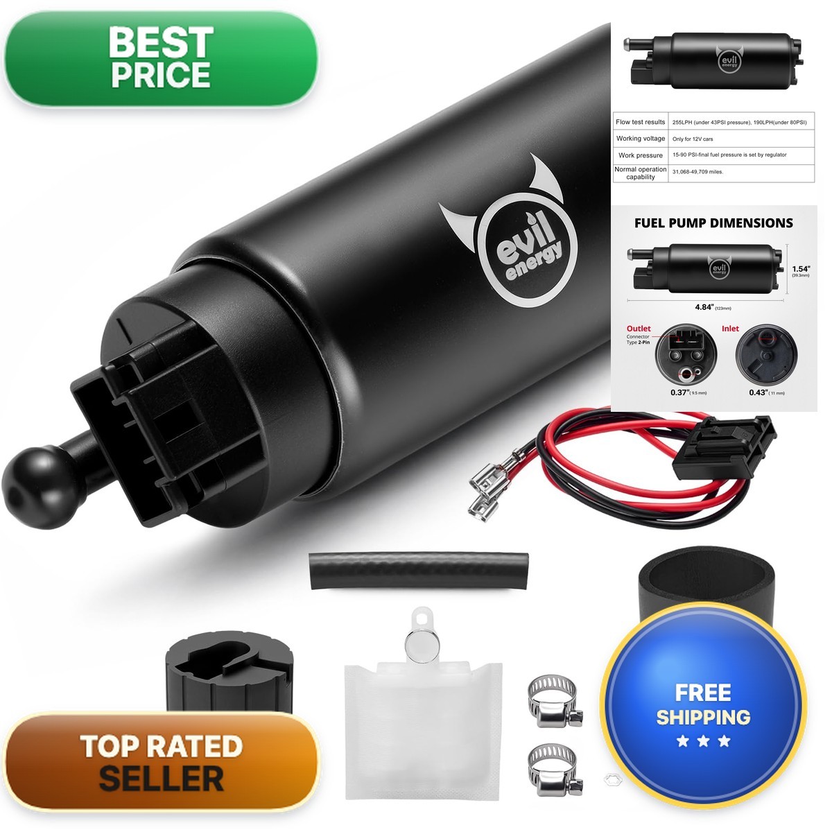 EVIL ENERGY EFI 255LPH Electric Intank Fuel Pump High Flow 43 PSI Kit