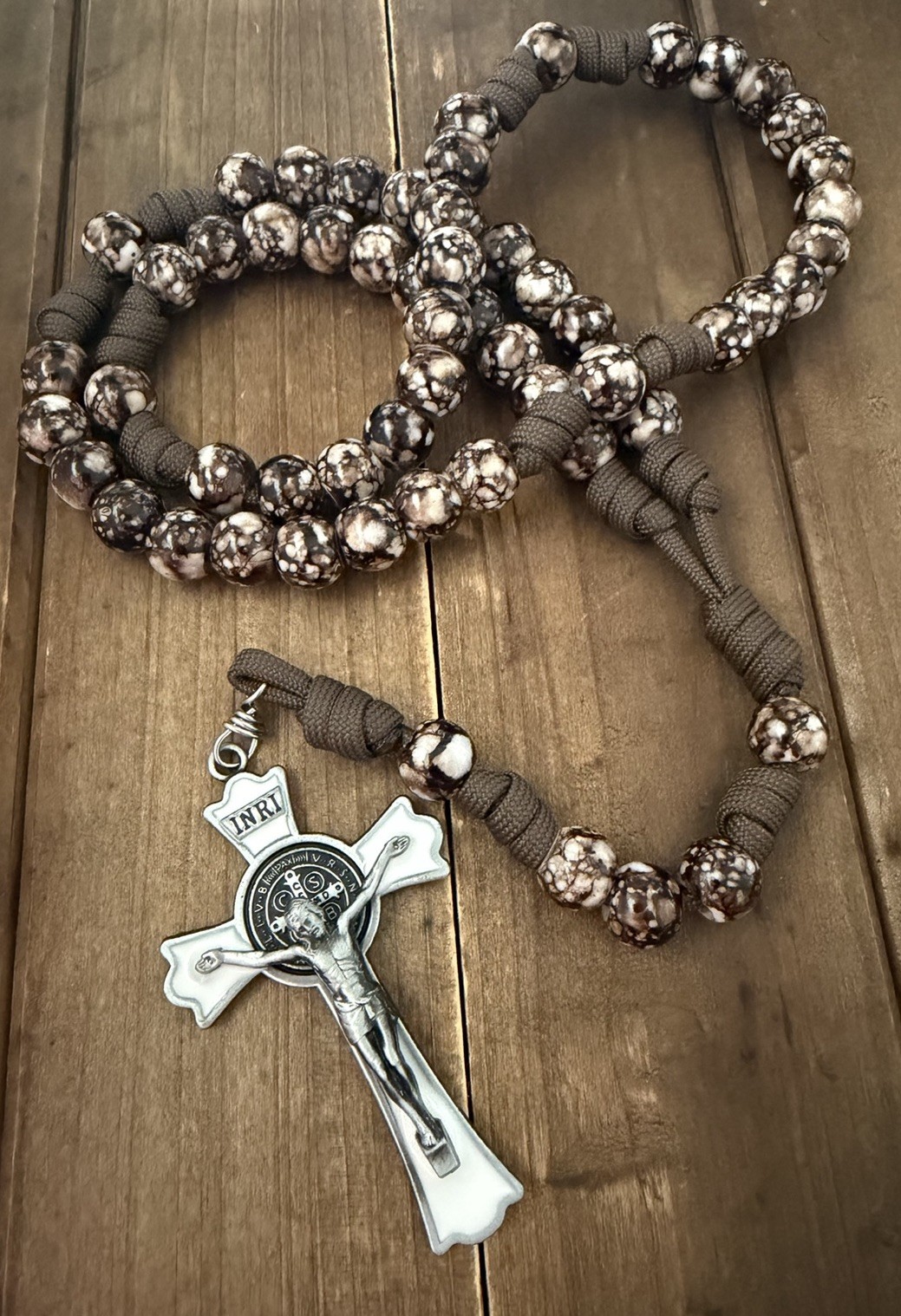 Brown Paracord Catholic Rosary, Large St Benedict Crucifix, Handmade