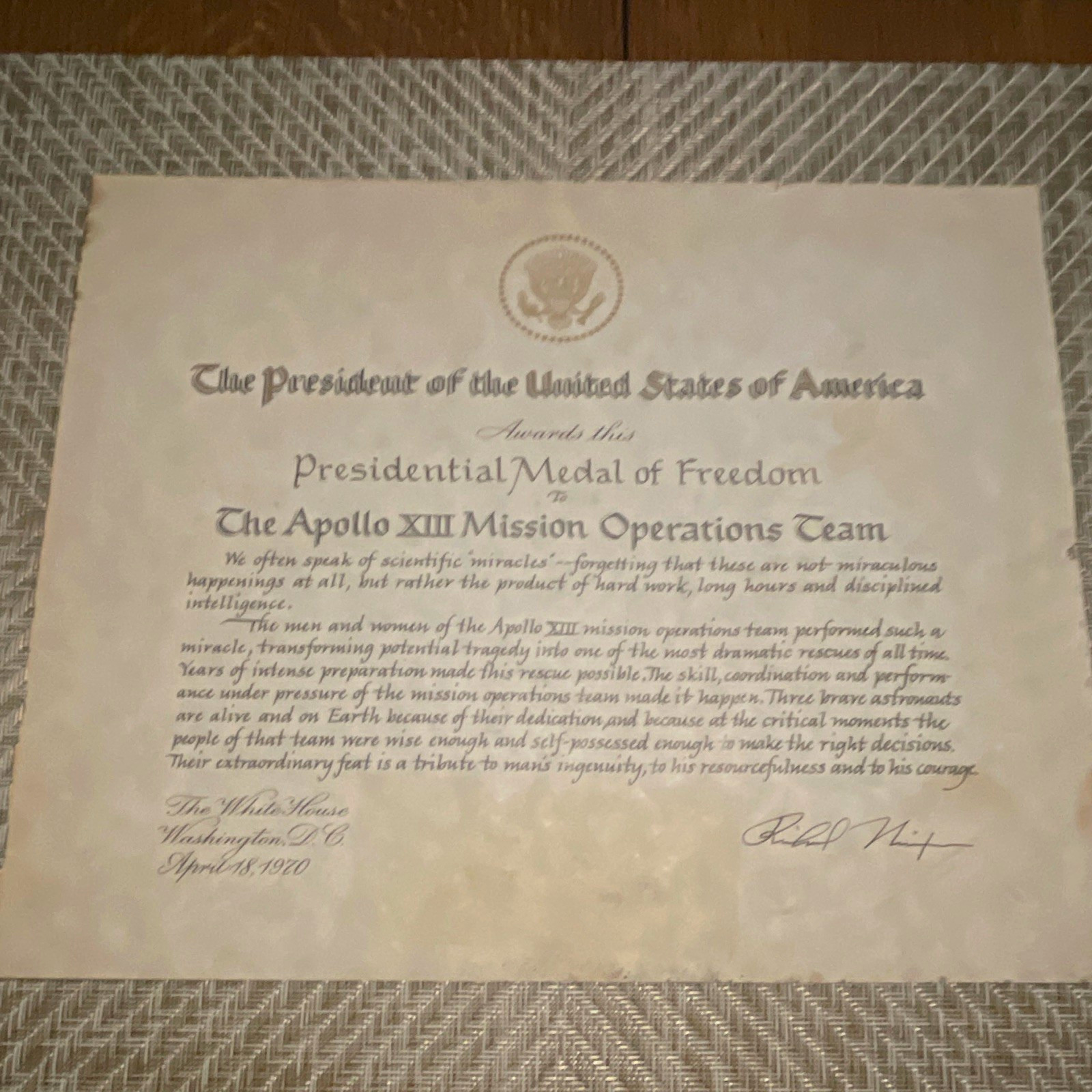 Apollo 13 Signed Presidential Medal of Freedom Certificate April 18, 1970