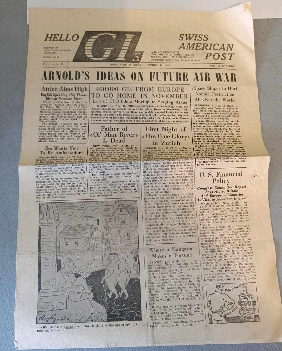 WWII Nov 13, 1945 HELLO G.I. GIs Swiss American Post US Armed Forces Newspaper