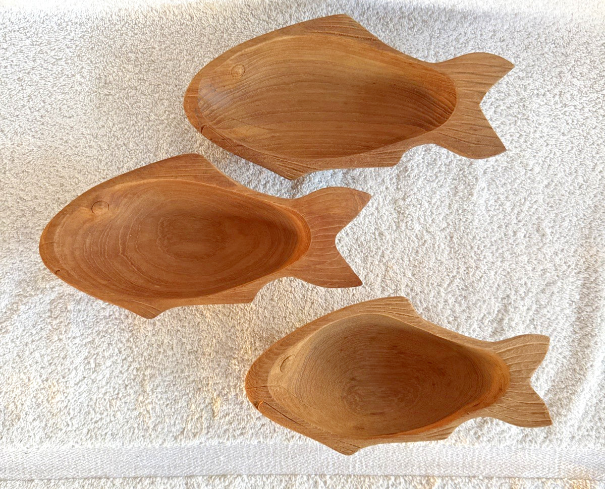 3-Vintage Hand-Carved Wooden Fish Dishes Trinket Dishes Made In Thailand