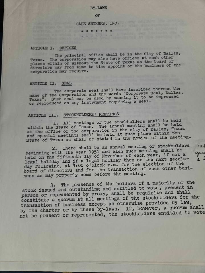 1951 - Gale Arthurs Inc- By Laws- Legal Law Ephemera- Primary Source