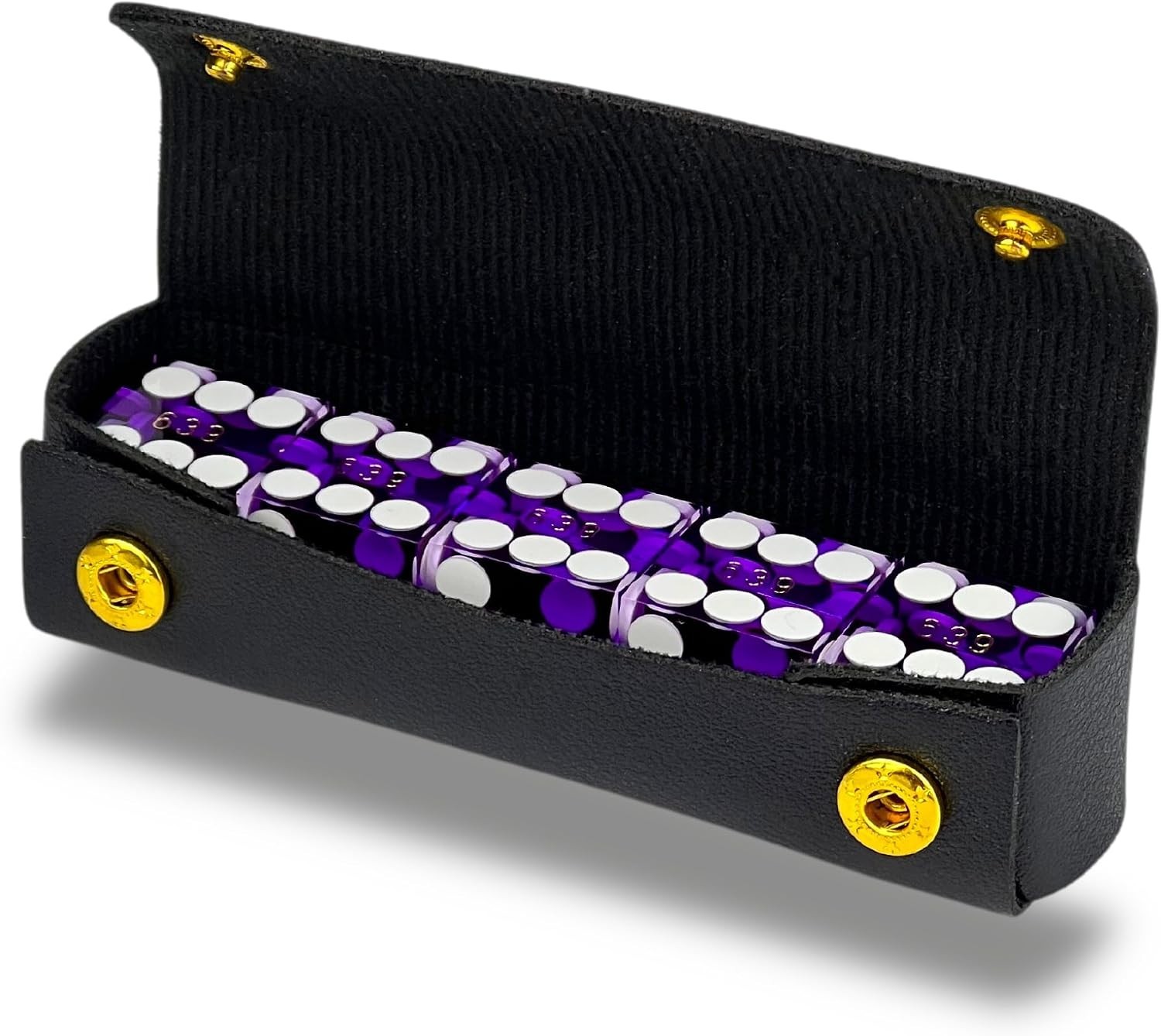 Grade AAA 19mm Casino Dice Set of 5 with Leather Dice Case, Purple