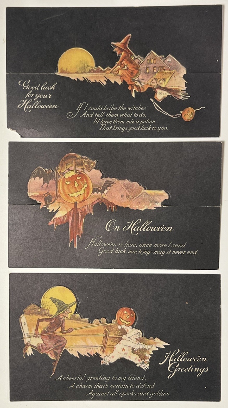 Lot 3 Antique 1920’s Halloween Die Cut Invitations JOL Black Cat Witch Hall Bros