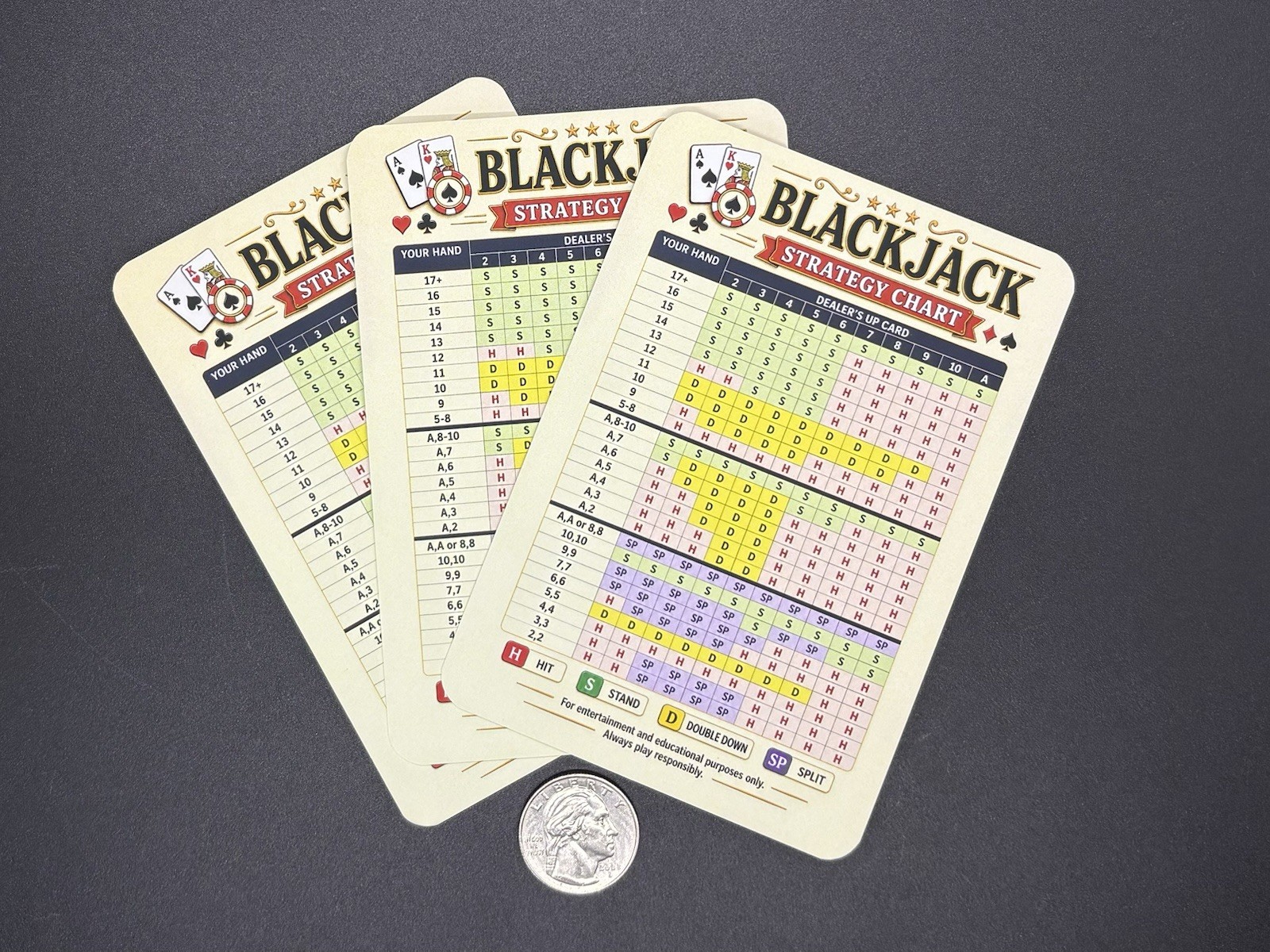 Blackjack Strategy Cards 3 Pack Large Easy Read Basic Strategy Casino Guide
