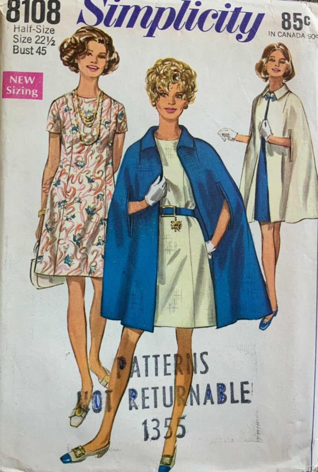 NEW Vtg 1980s SIMPLICITY SEWING PATTERN #8108 Misses Dress Cape Sz 22 1/2 Uncut