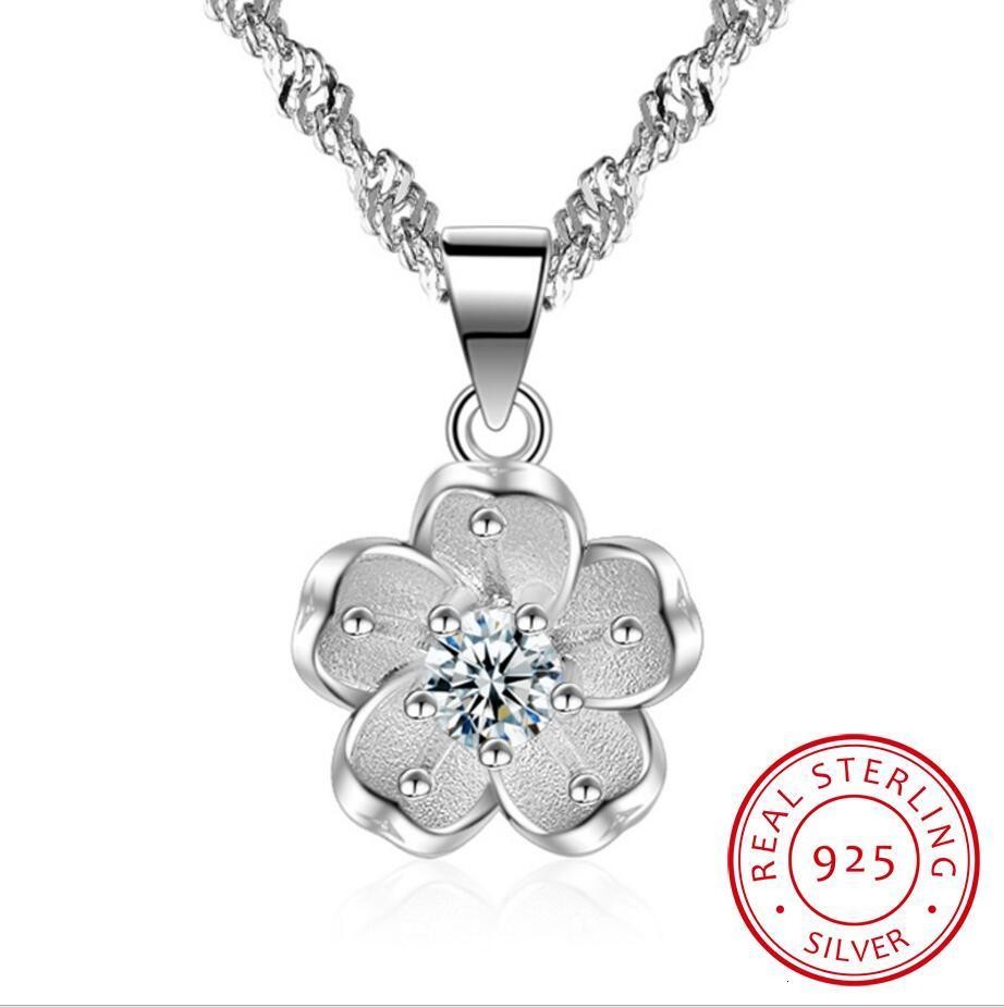 Trendy 925 Sterling Silver Shiny Crystal Cherry Blossom Pendant Necklace Women