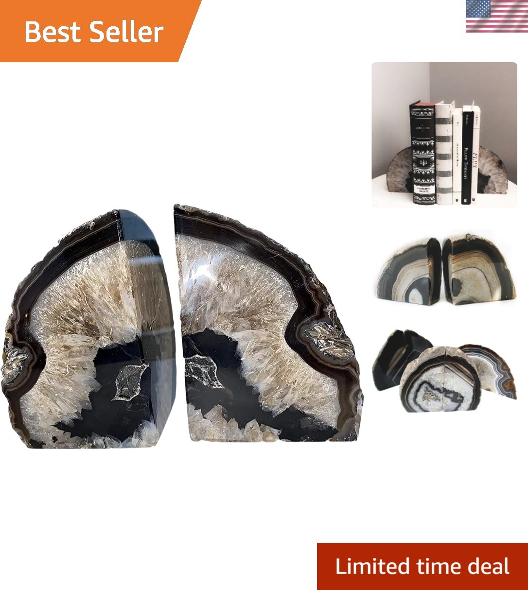 Stunning Black Agate Bookends with Rubber Bumpers - Heavy-Duty Decor for Home