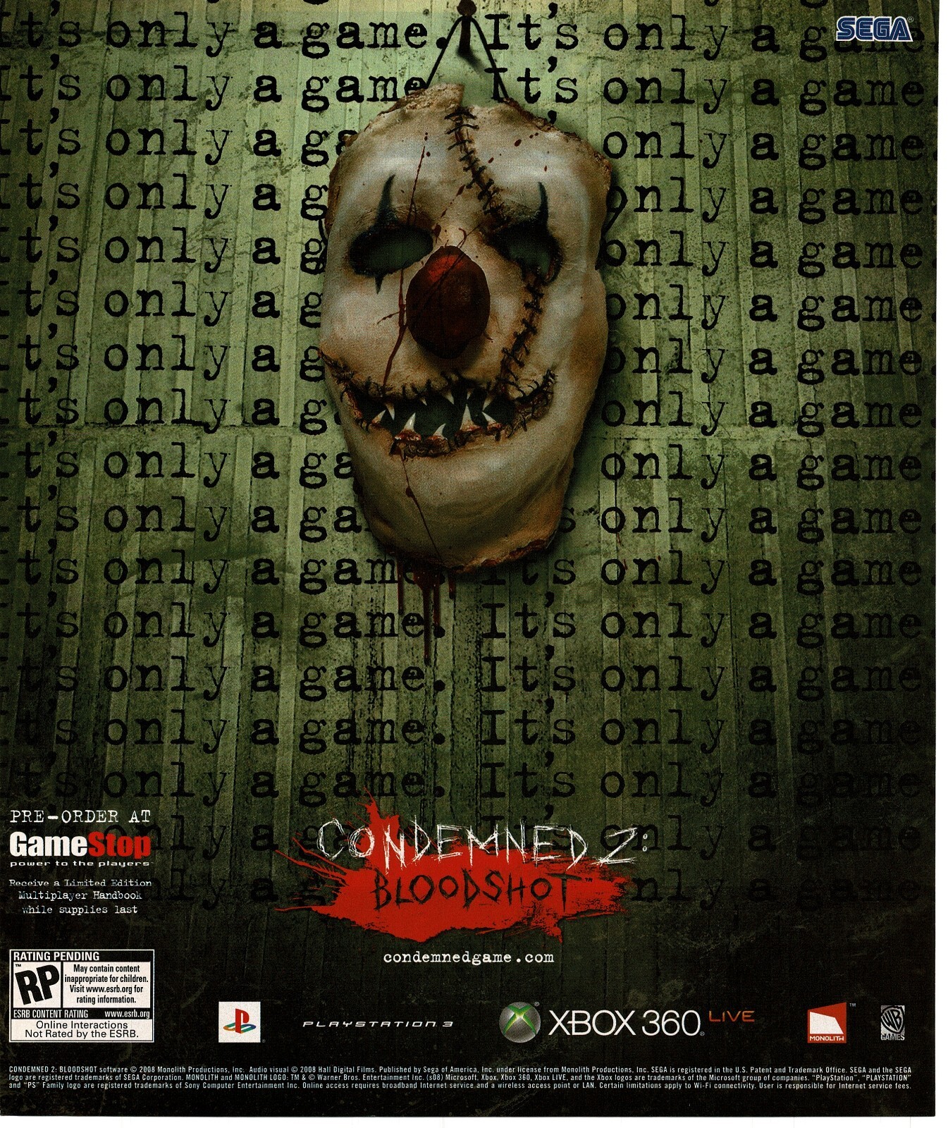 2008 Condemned 2 Bloodshot Video Game Vintage Print Ad Creepy Scary Clown Mask