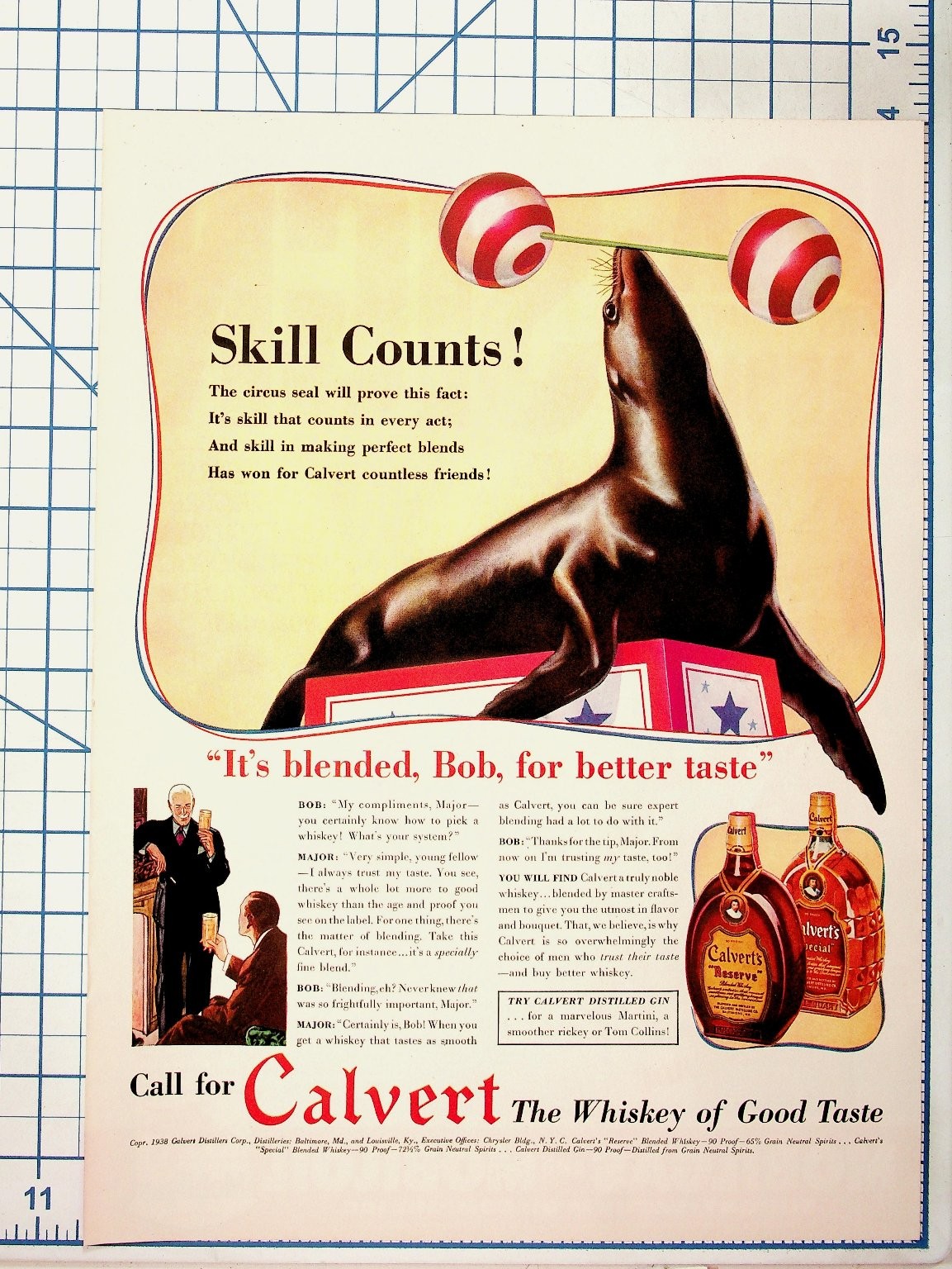1938 Calvert Whiskey Ad Circus Seal Skill Counts Vintage Magazine Print Ephemera
