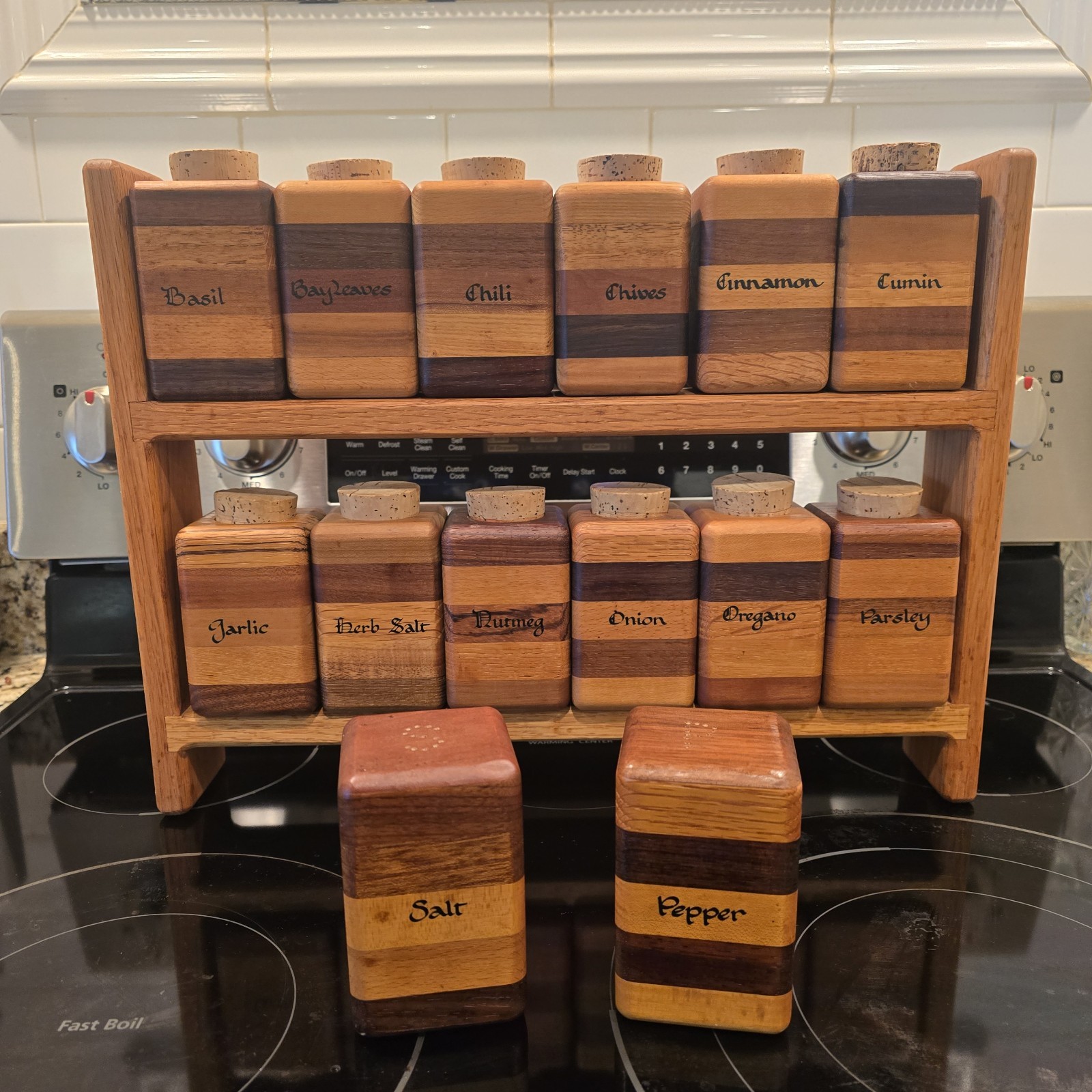 Vintage Mid-Century Handmade Wood Spice Rack and 14 Matching Spice Jars