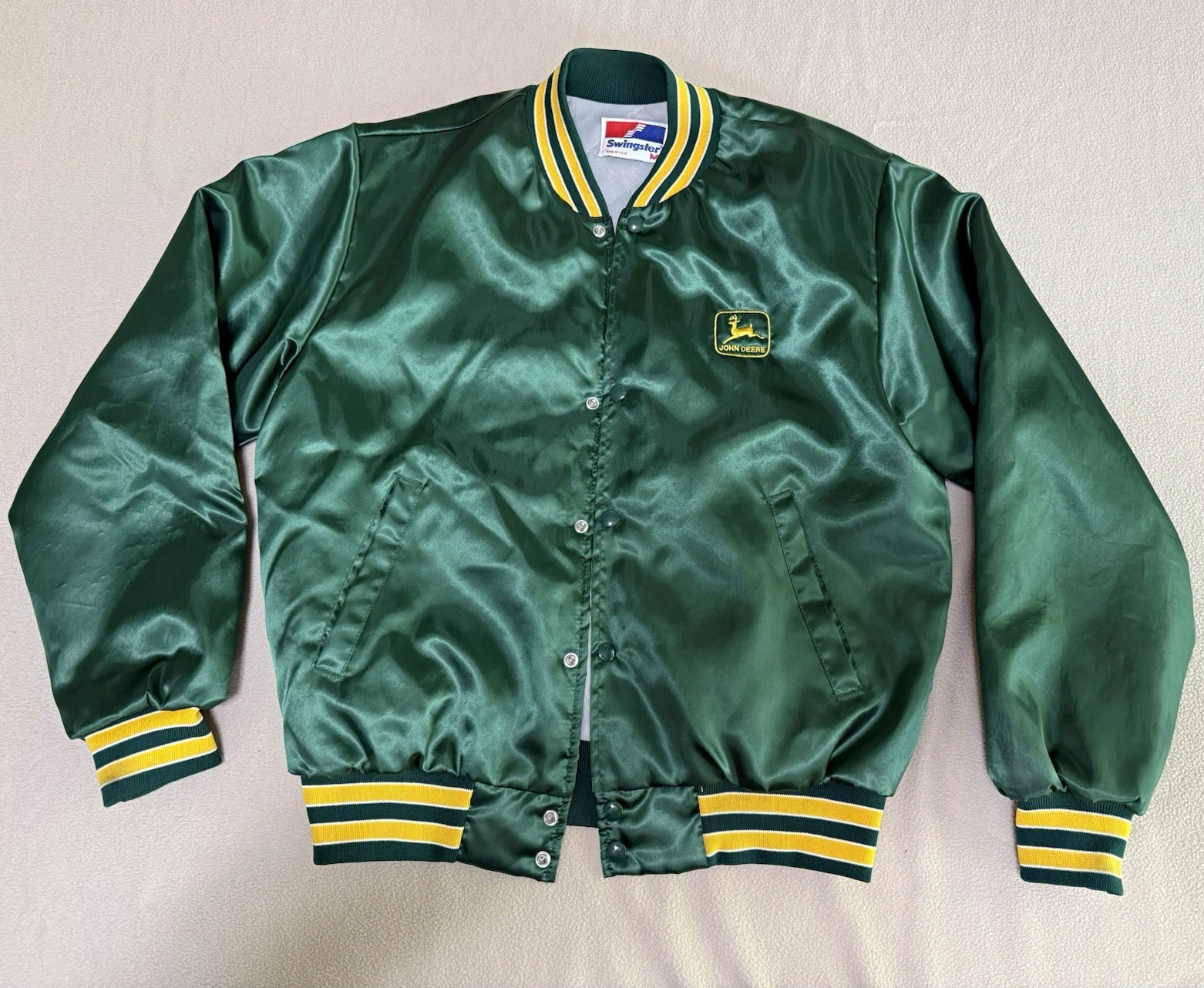 John Deere Swingster Green Satin Varsity Snap-Front Jacket Mens M Made USA vtg