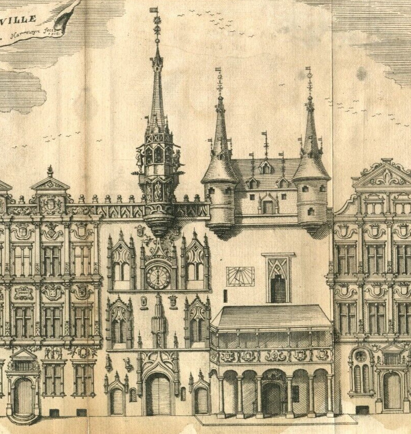 1720 antique drawing City Hall Cambrai France by Jacobus Harrewijn