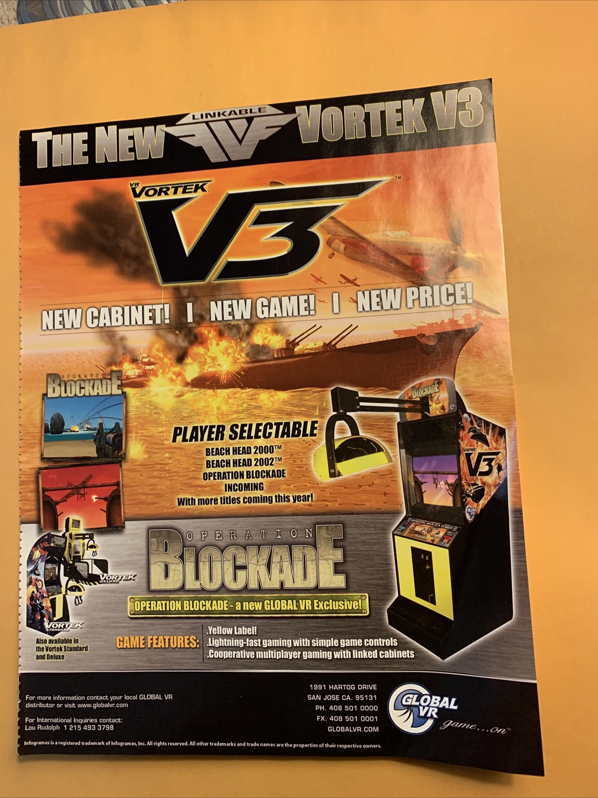 ORIGINAL 11- 8.5'' Vortek V3 operation blockade arcade video game AD FLYER