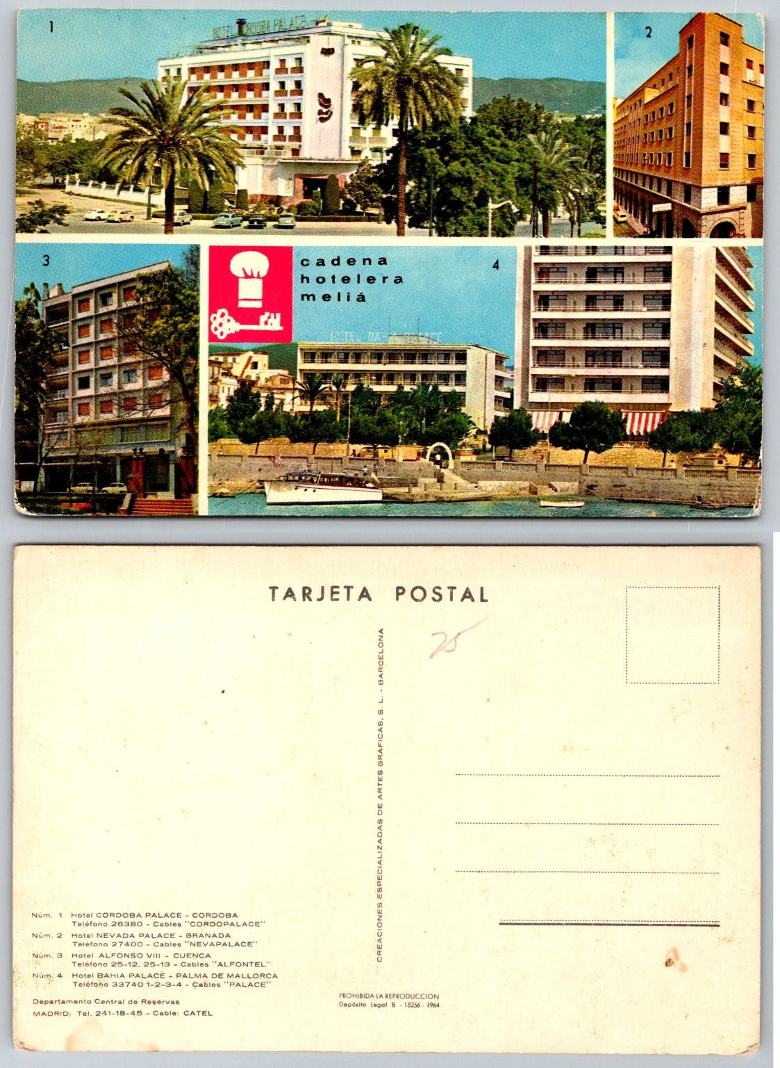 Vintage Meliá Hotels Spain Postcard 1964 Cordoba Granada Cuenca Mallorca