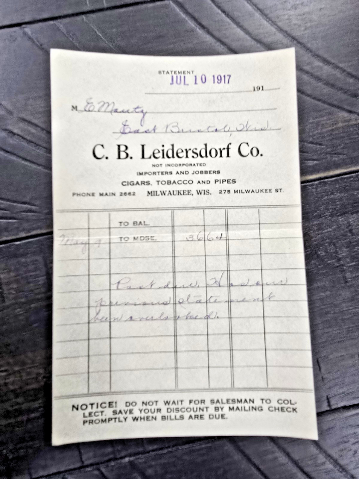 1917 Tobacco Cigars C B Leidersdorf Milwaukee Wisconsin Receipt Billhead