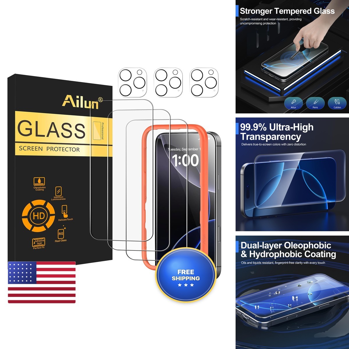 Ailun 3 Pack Screen Protector + Camera Lens Protector for iPhone 16 Pro Max