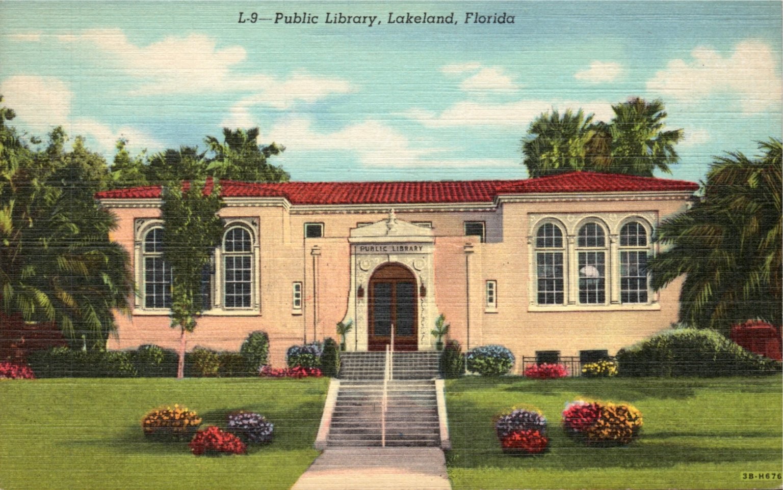 Vintage Public Library Lakeland Florida Linen Postcard Curteich 1930s