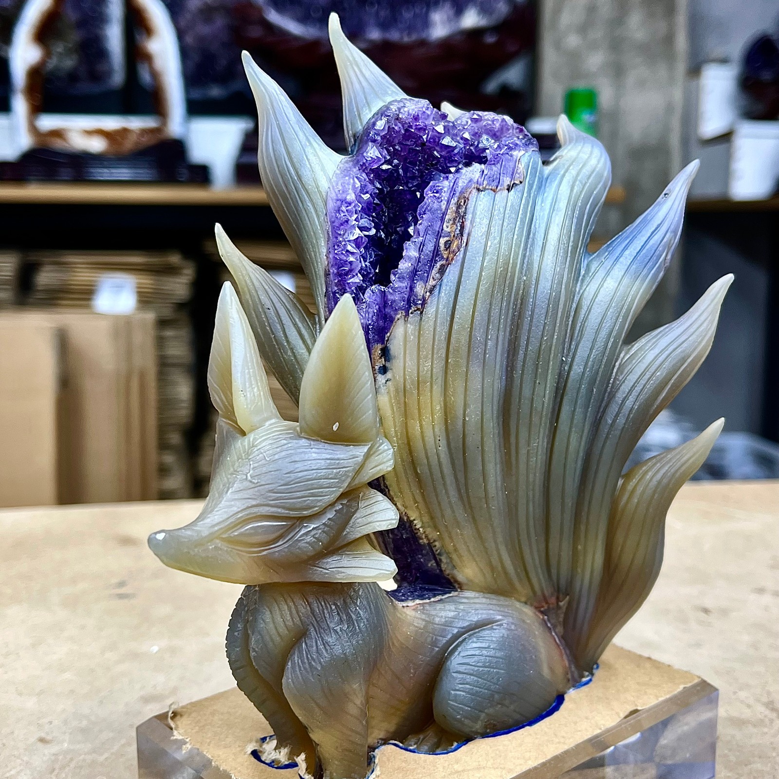 2.18LB  Rare Amethyst Cave Crystal Nine Tailed Fox Hand Carving