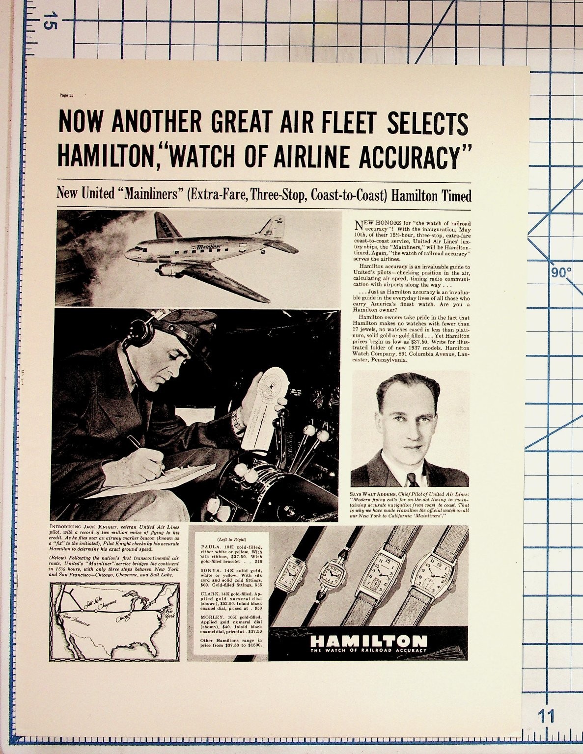 1937 Hamilton Watch Ad United Airlines DC-3 Mainliner Pilot Jack Knight Aviation