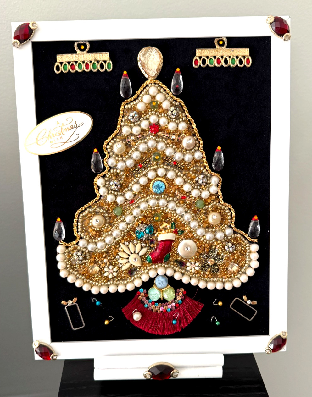 Christmas Tree Handmade Framed Vintage & Modern Jewelry Collage Art W/Stand NEW