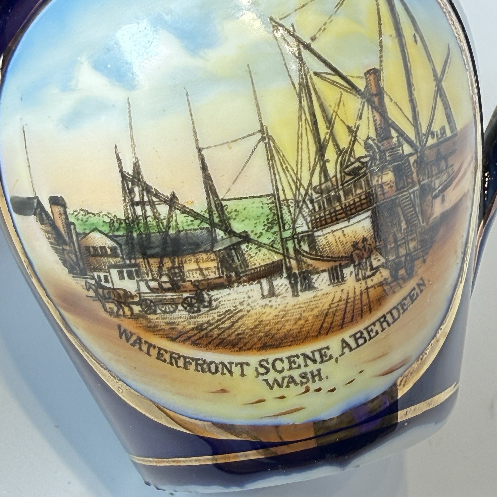 ABERDEEN WA WASHINGTON Antique WATERFRONT PIER Souvenir COBALT TRINKET CREAMER