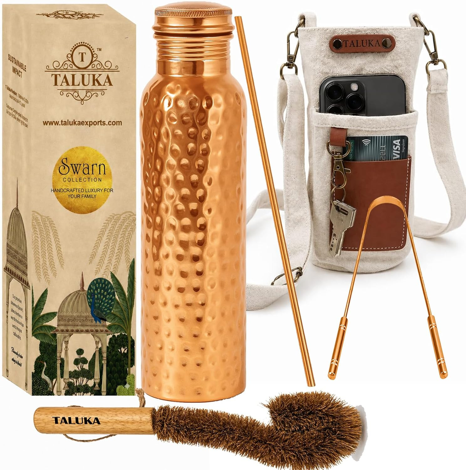 Taluka 100% Real Pure Copper Water Bottle For Drinking 34 OZ Hammered Ayurveda C
