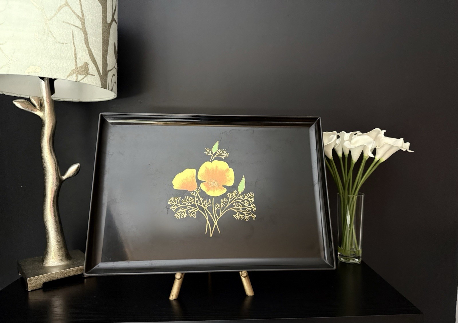 Lovely Black Resin Couroc Tray Vintage Mid Century ~ Poppy Design