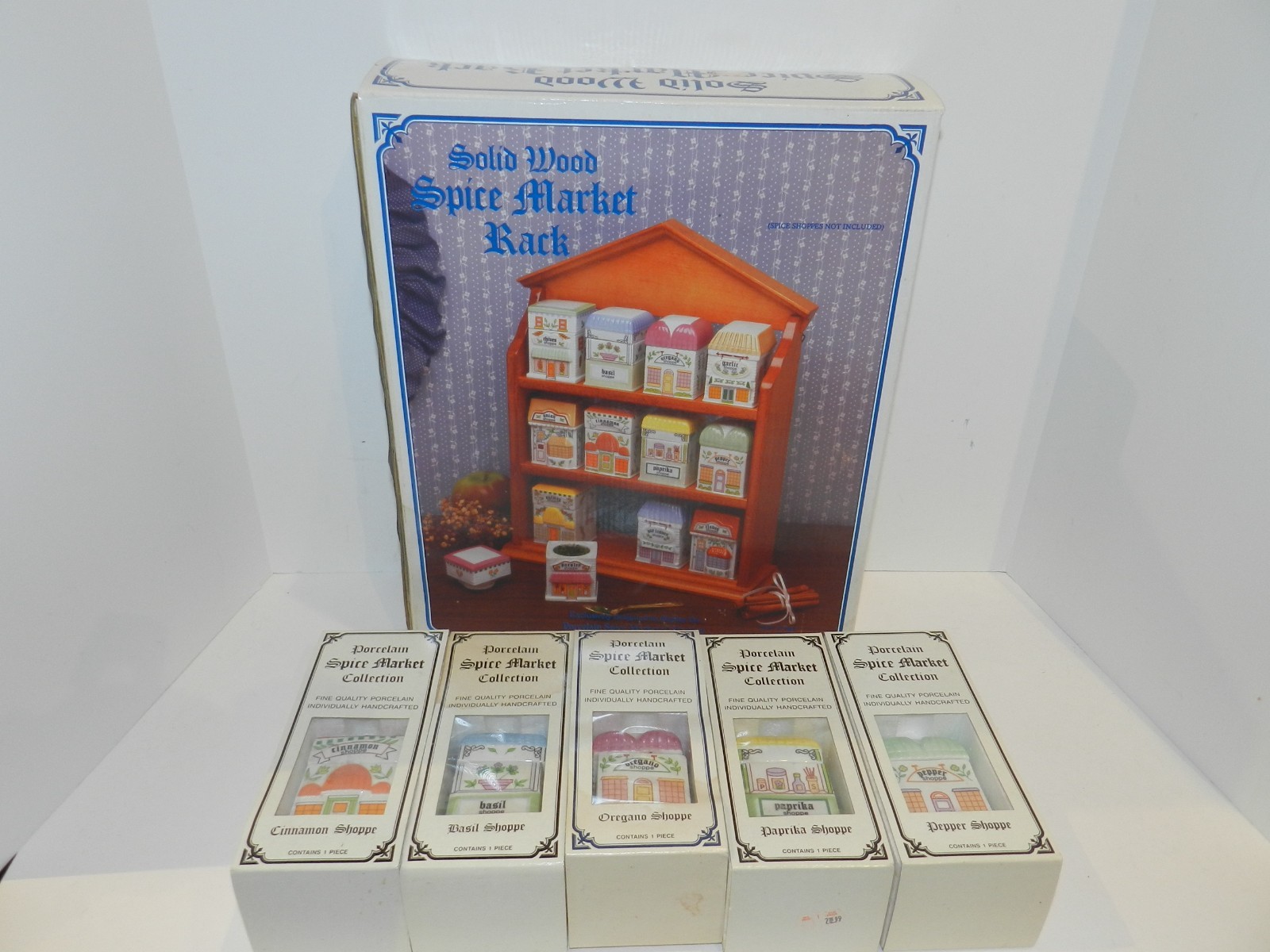 1990 EPI International Spice Market Spice Village Jars Set + Wood Rack CIB RARE