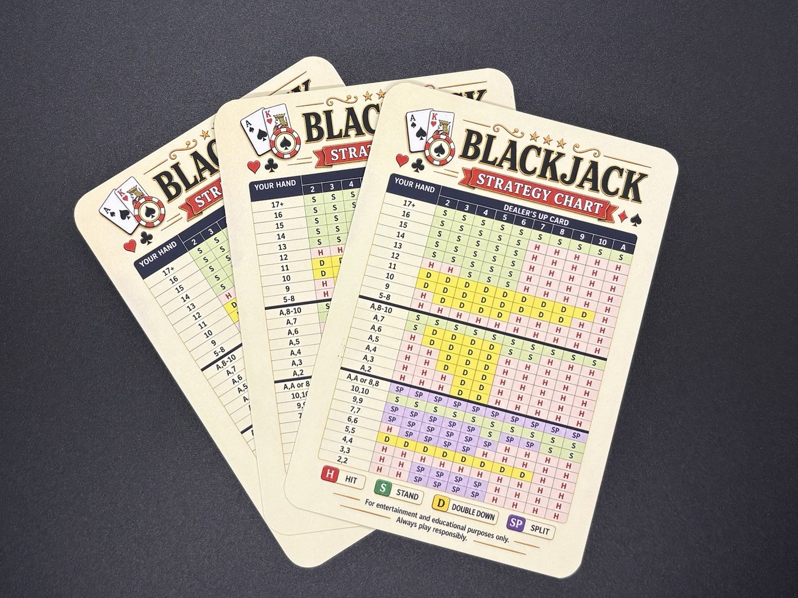 Blackjack Strategy Cards 3 Pack Wallet Size Basic Strategy Casino Guide Chart