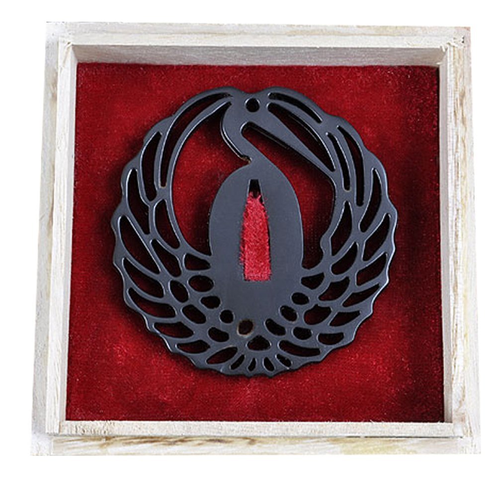Iron Alloy for Katana or Wakizashi, Tsuba, Dancing Crane Design, with Wooden Box