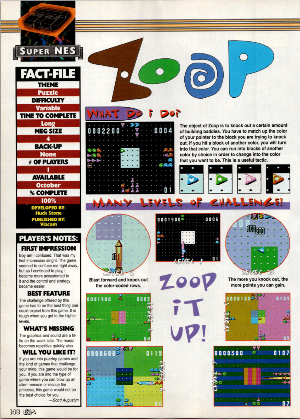 Zoop Super NES Vintage Magazine Ad Page Puzzle Game Viacom 1995 EGM
