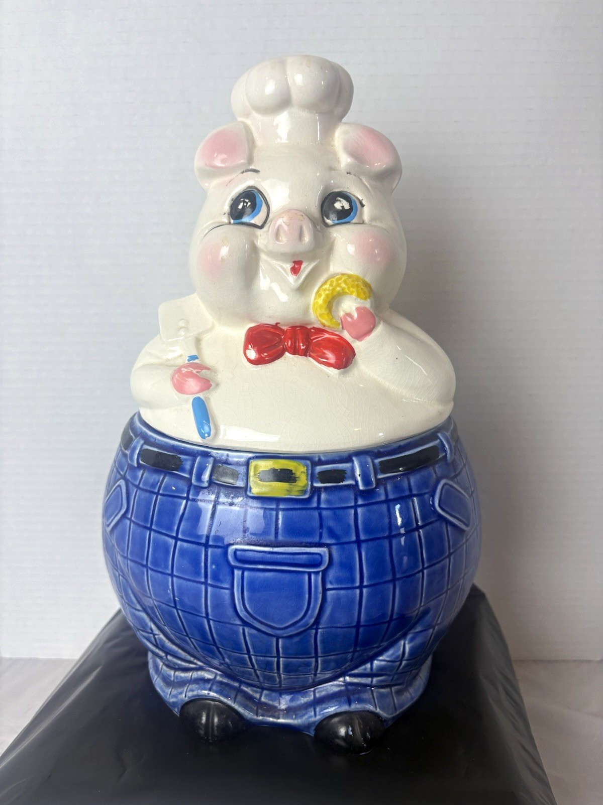 Vintage Ceramic Chef Pig Cookie Jar Blue Plaid Overalls Japan Kitschy Farmhouse
