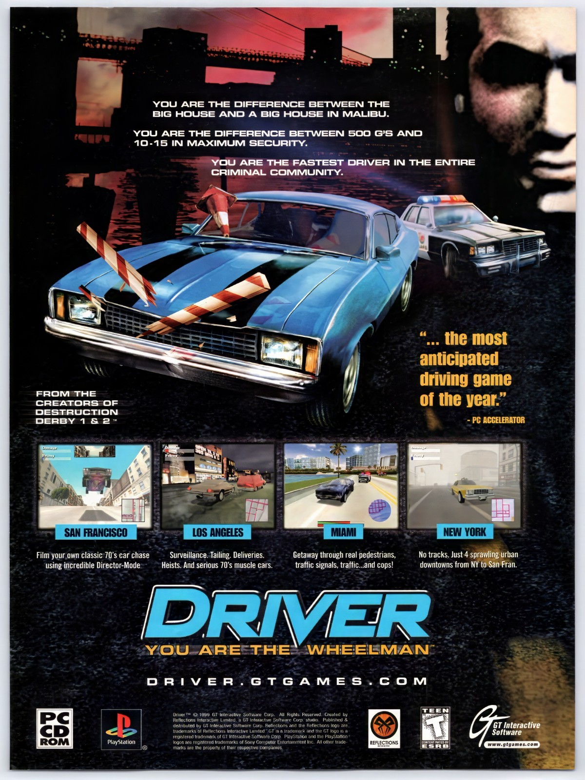 Driver You Are The Wheelman - PS1 - Vintage Original Print Ad/Poster Promo 1999