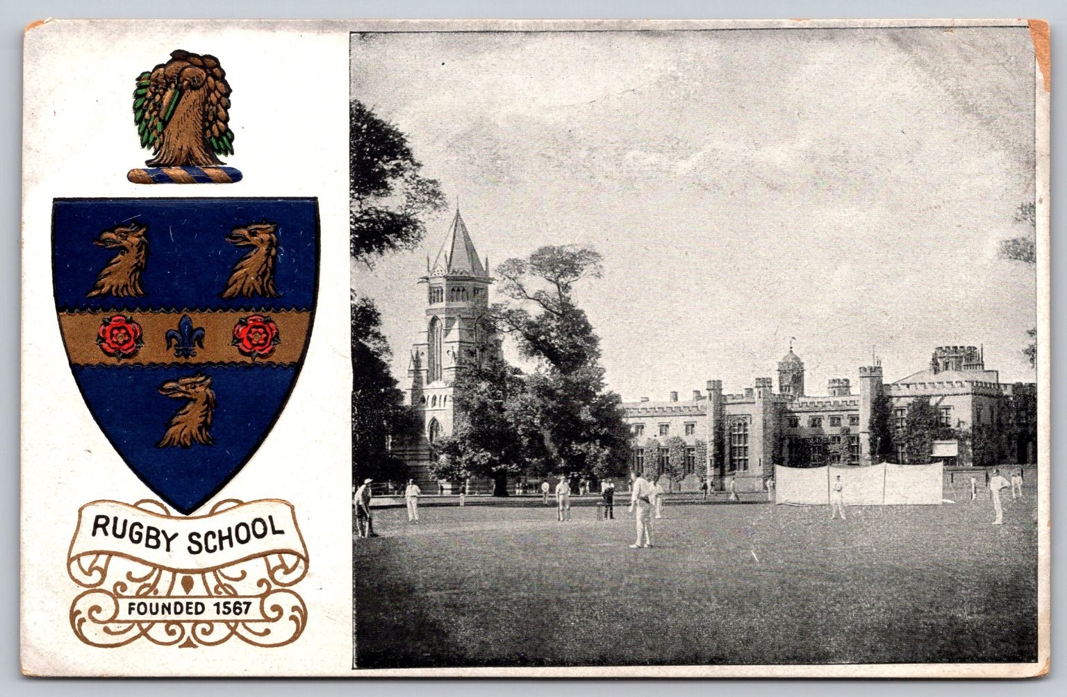 Vintage Rugby School England Cricket Scene Postcard F.S.O. Heraldic AA180