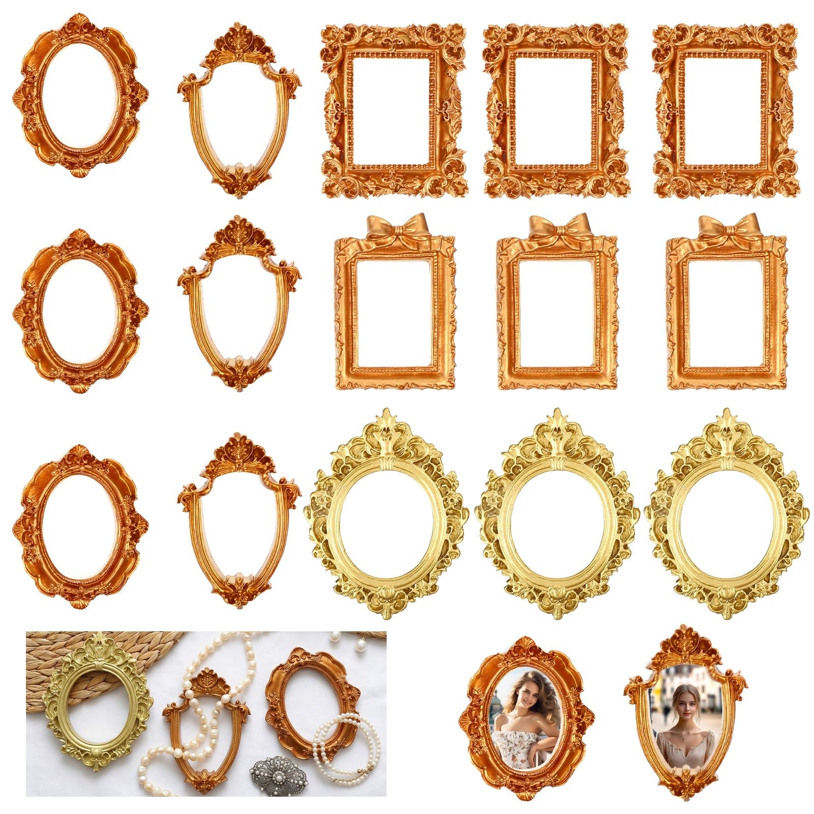 Vintage Mini Picture Frames, 15Pcs Gold Resin Tiny Antique Oval Round Photo