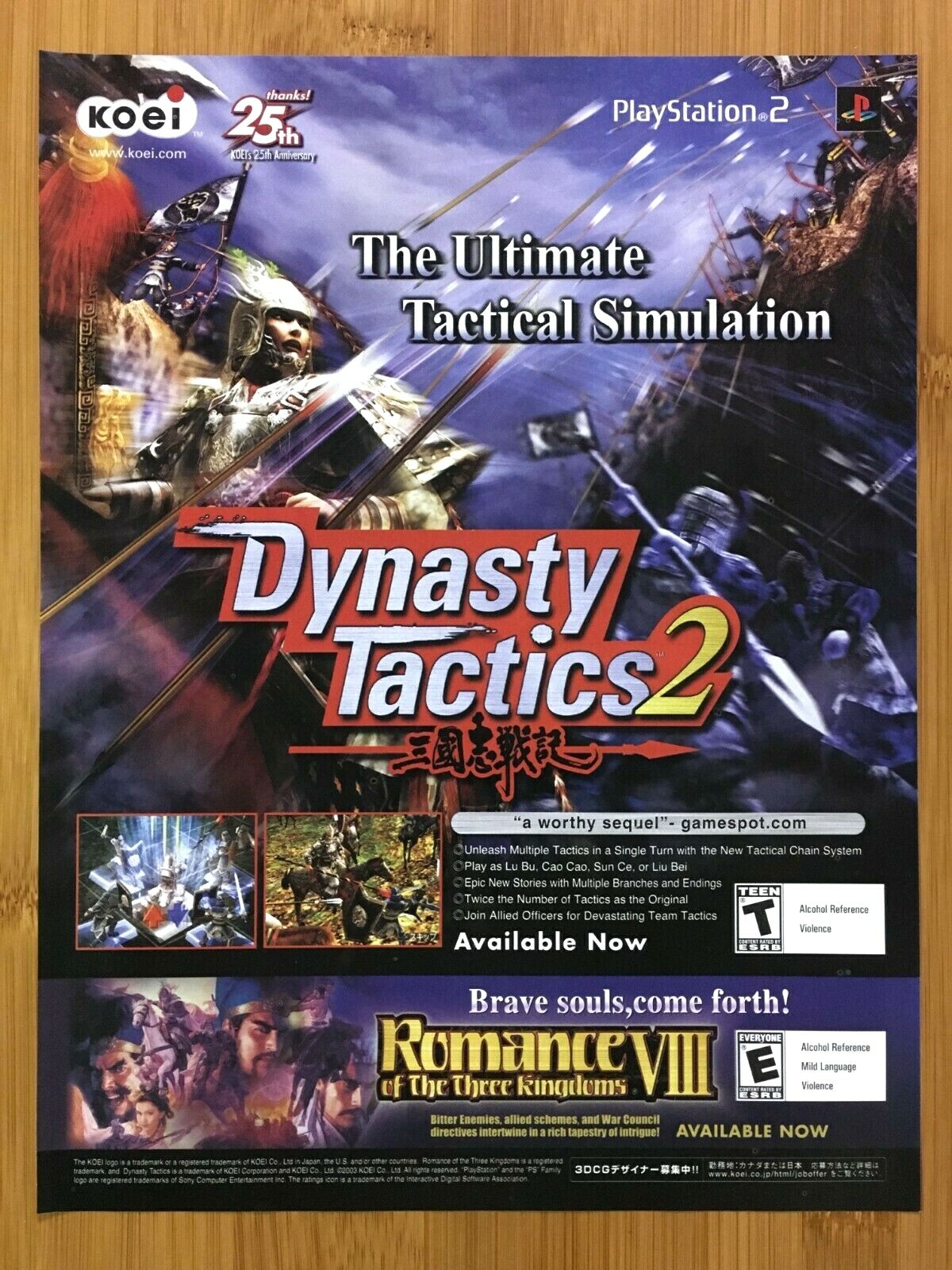 Dynasty Tactics 2 / Romance VIII PS2 2003 Print Ad/Poster Official KOEI Game Art