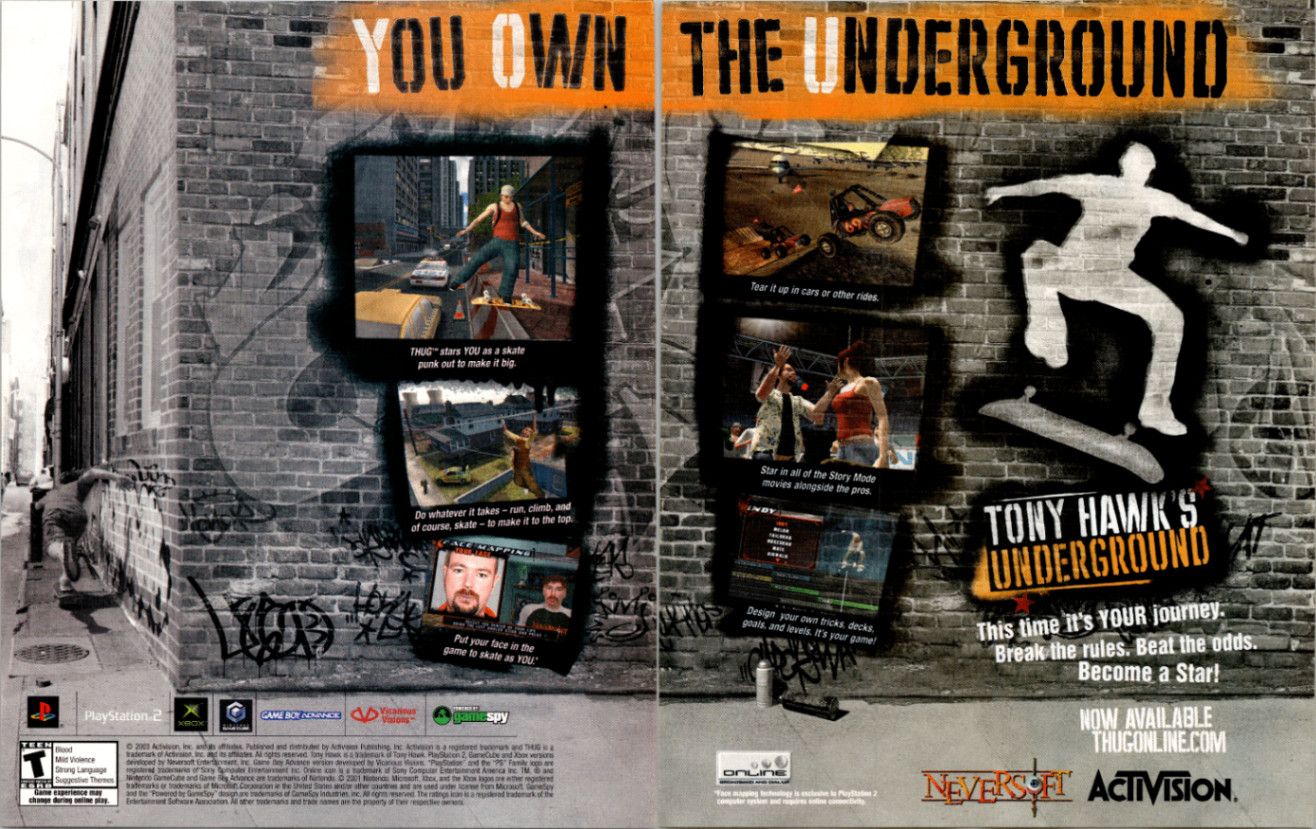 Activision Tony Hawk's Underground 2003 PS2 Xbox GBA Vintage Magazine Ad