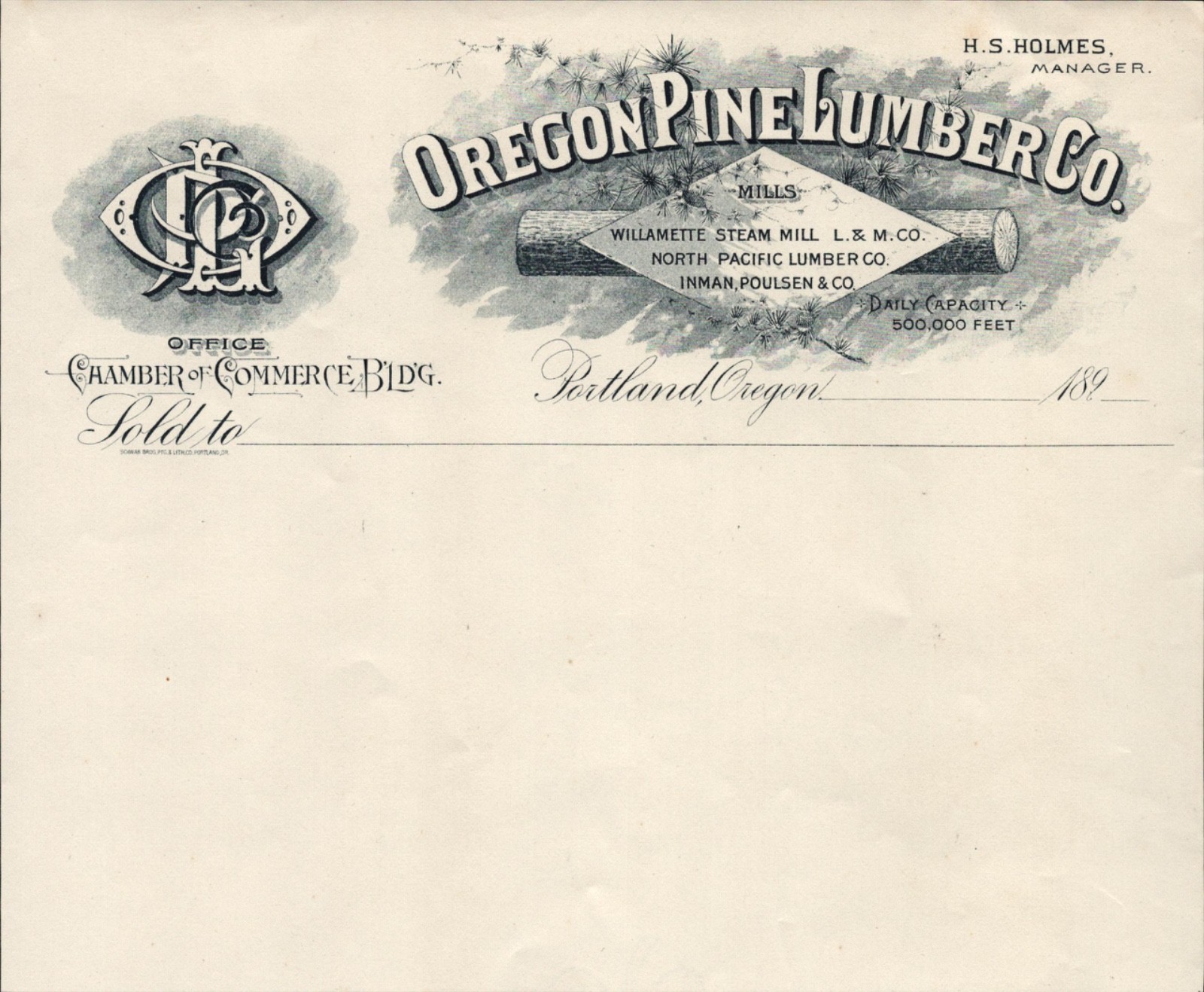 1890s OREGON PINE LUMBER COMPANY antique billhead stationery PORTLAND, OREGON