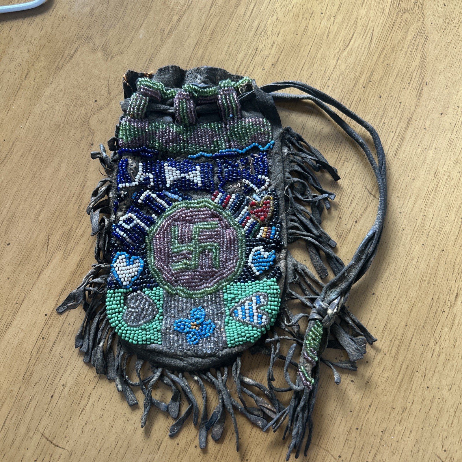 Antique Native American Indian Menominee  Tribe Beaded Drawstring Pouch Bag