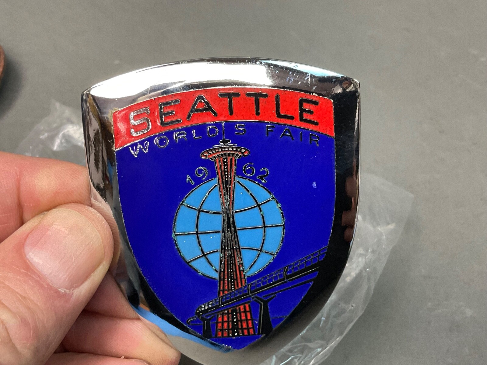 1962 Seattle Worlds Fair Car Badge Hood Grill License Plate Topper Ornament