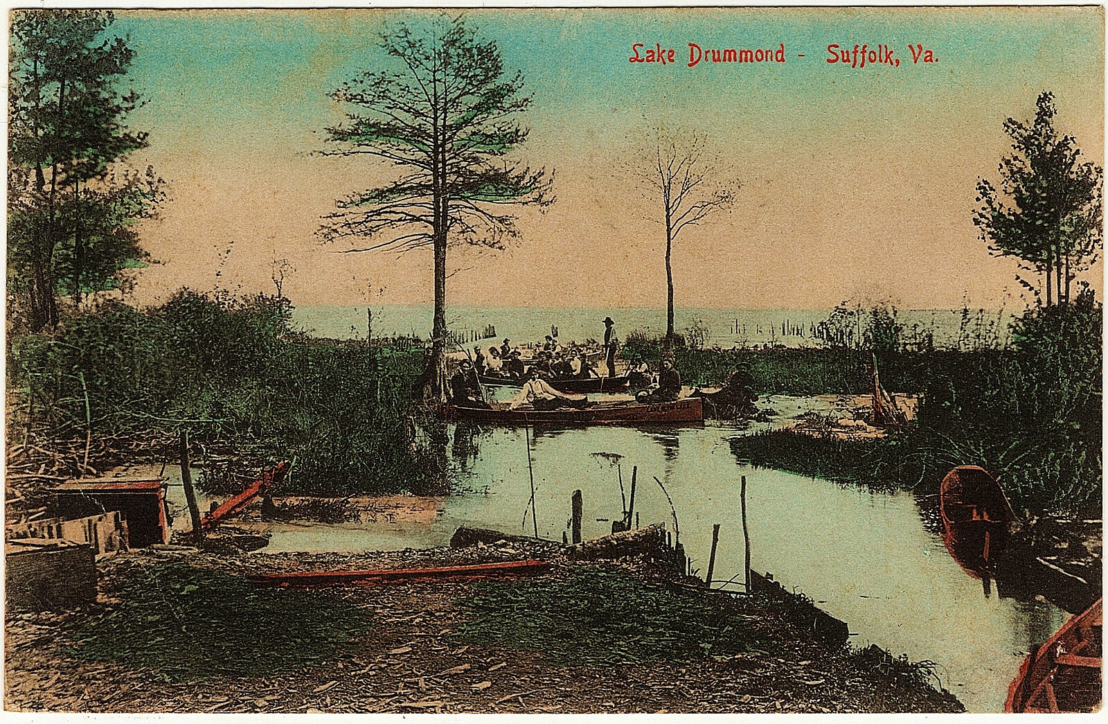 1909 Suffolk VA Lake Drummond People Pose Boats RARE Hand Colored DB Postcard