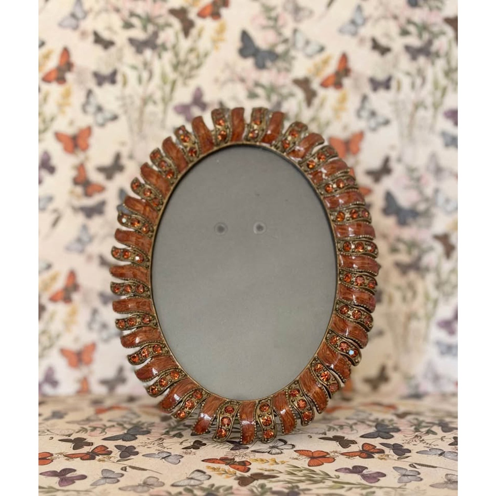 Ornate Mahogany Brown & Antique Gold  Oval Jeweled Picture Frame