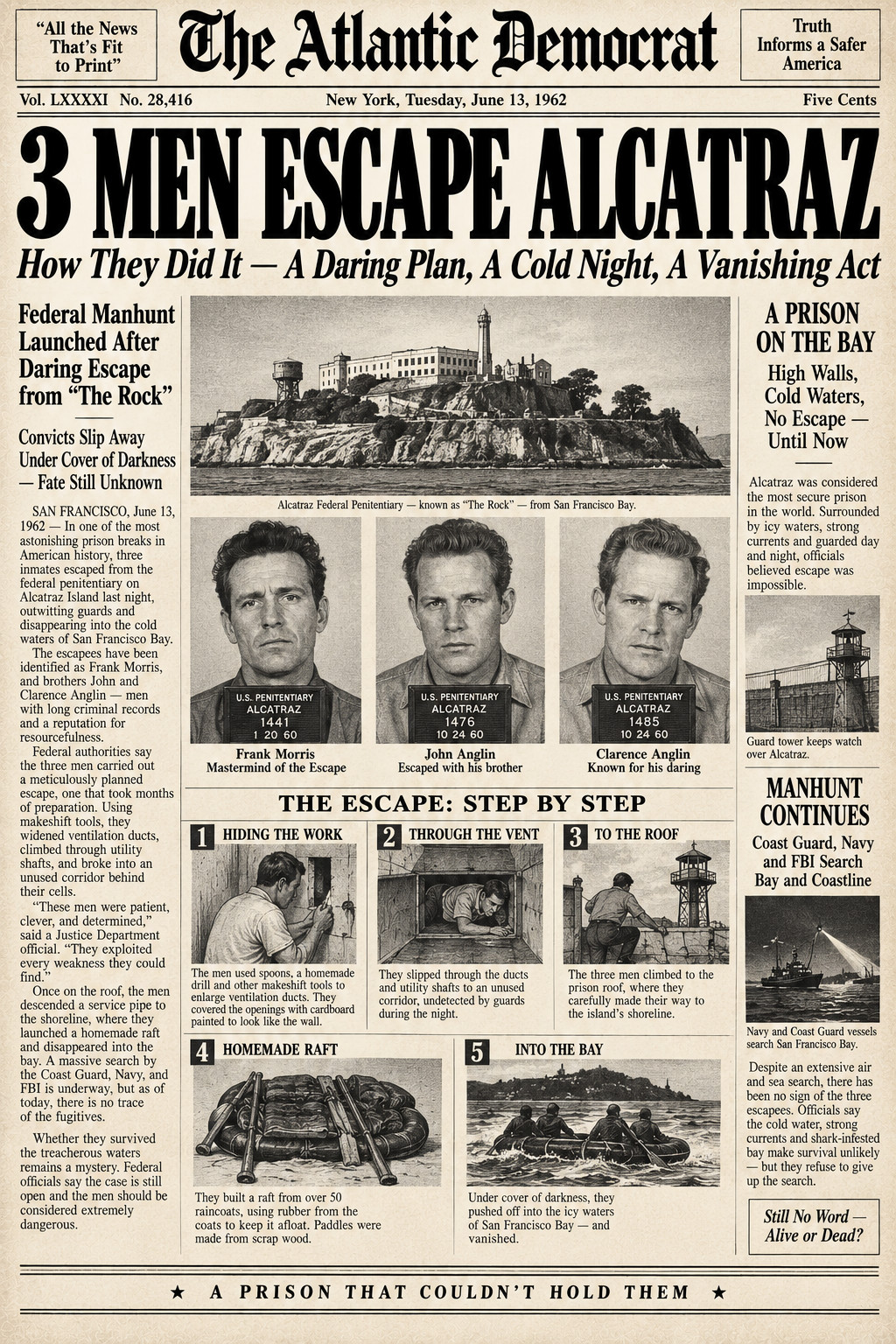 3 Men Escape Alcatraz Prison News Poster up to 24x36