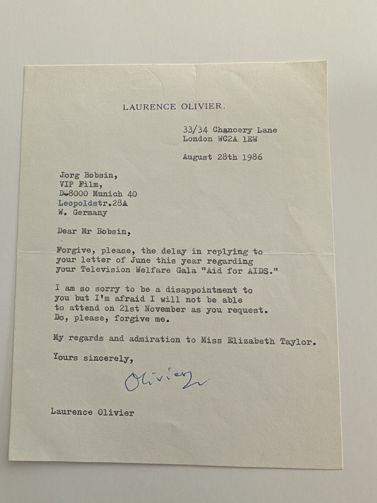 Sir Laurence Olivier Signed Typed Letter 1986 Aid for AIDS, Elizabeth Taylor